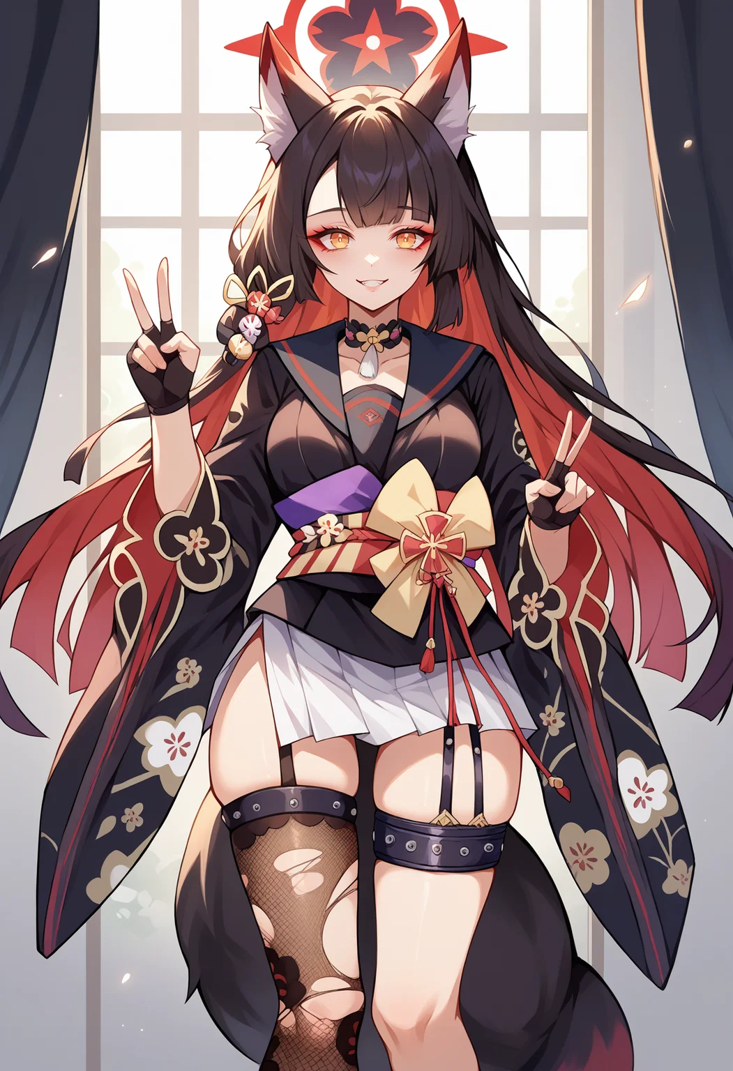 score_9, score_8_up, source_anime, 1girl, solo, WakamoDefault, animal ears, tail, multicolored hair, long hair, halo, choker, black sailor collar, black kimono, short kimono, wide sleeves, floral print, obi, white skirt, fingerless gloves, thigh strap, single thighhigh, torn thighhigh, fishnet thighhigh, indoors, smile, fox shadow puppet, <lora:ChamKosakaWakamoPonyXL:1>