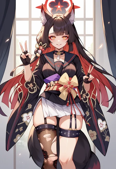 score_9, score_8_up, source_anime, 1girl, solo, WakamoDefault, animal ears, tail, multicolored hair, long hair, halo, choker, black sailor collar, black kimono, short kimono, wide sleeves, floral print, obi, white skirt, fingerless gloves, thigh strap, single thighhigh, torn thighhigh, fishnet thighhigh, indoors, smile, fox shadow puppet, <lora:ChamKosakaWakamoPonyXL:1>