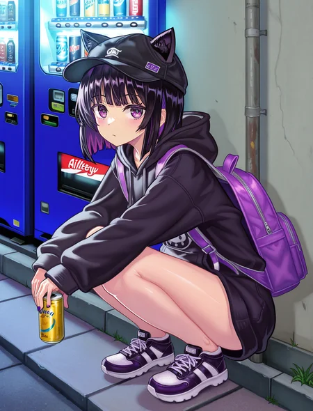 <lora:illustriouschikokuma_style:0.7>,chikokuma style,solo,1girl,colored inner hair black hair purple hair,black hat with cat_ears,black oversized hoodie,purple backpack,sneakers,slav_squatting,holding can,city,alleyway,vending_machine,