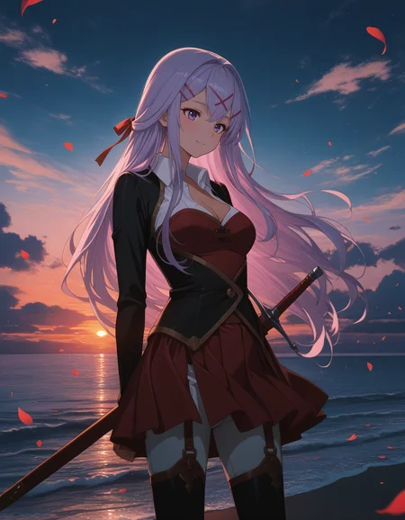 Smooth Quality <lora:yulishia_IL:1> yulishia, x hair ornament, long hair, hair ribbon, red ribbon, purple eyes, pink eyes, dark-skinned female, hair between eyes, purple hair, grey hair, white shirt, collared shirt, long sleeves, black jacket, wing collar, sheath, weapon, sheathed, red skirt, pleated skirt, white pants, pants under skirt, garter straps, black thighhighs, high heels, brown footwear, 1girl, blush, cleavage, cloud, cloudy_sky, cowboy_shot, looking_at_viewer, ocean, open_mouth, outdoors, petals, sky, smile, solo, sunset, water, dreamscape, surreal_elements, floating_shapes, pastel_gradient, abstract_background, whimsical_atmosphere, (arion69:1.1),, <lora:lightingSlider:-1> dark, addmicrodetails <lora:AddMicroDetails_Illustrious:0.6>