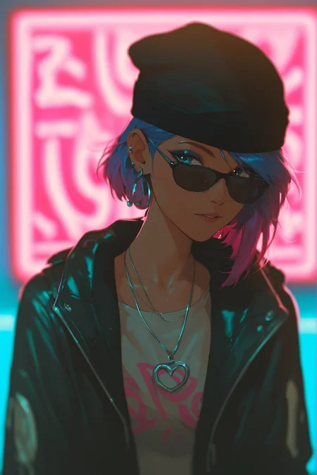 score_9, score_8_up, score_7_up, face close up, alternative girl, watching over black sunglasses, jacket, necklace, neon light reflections on skin, ear ring, makeup, skin imperfection, cute hair, beanie, neon lights background, low light, depth of field, highly detailed, high contrast, film grain, Rim Lighting, Long Exposure, DSLR,