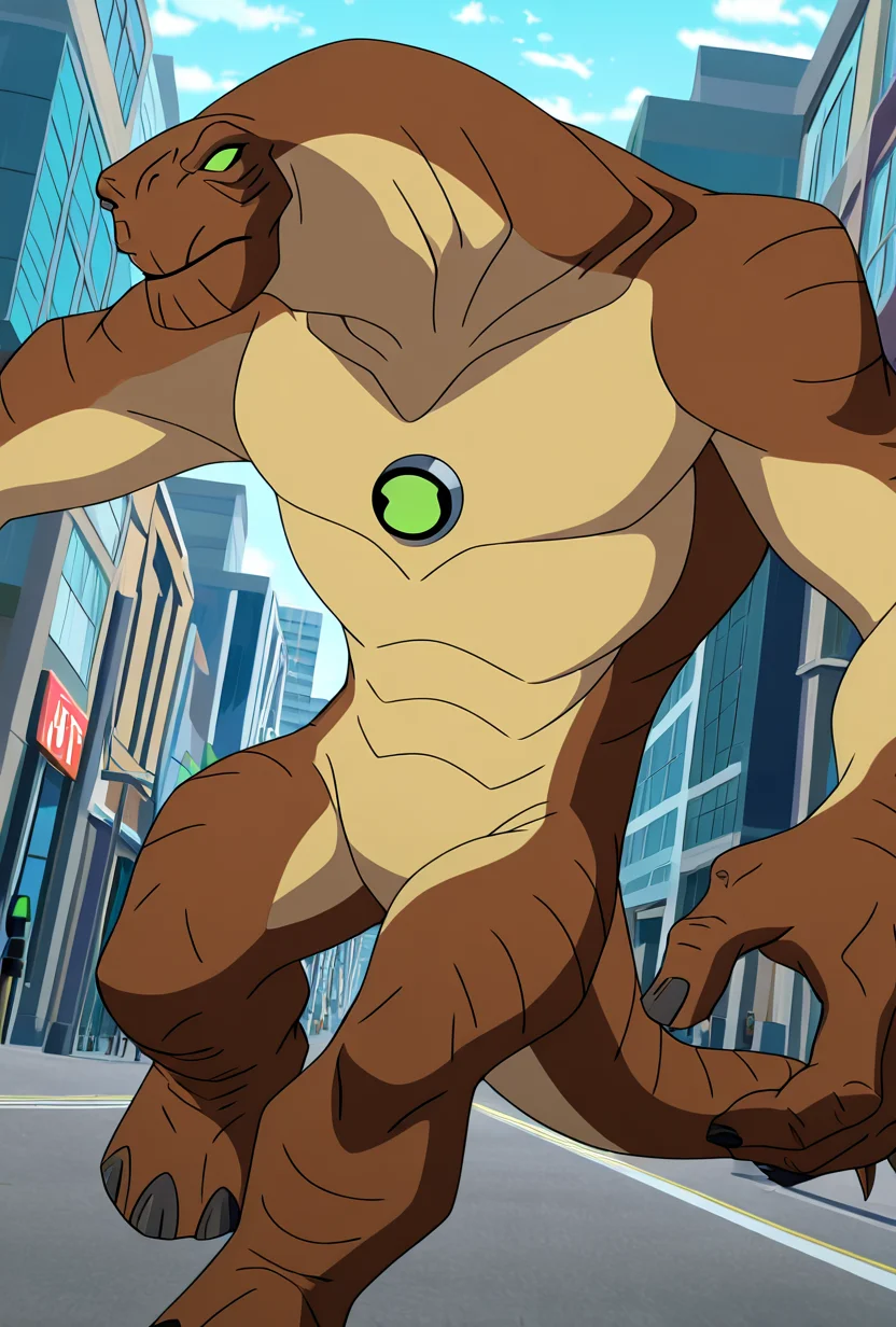 <lora:humungousaur-08:1> humungousaur, dinosaur, 1boy, male focus, solo, green eyes, no humans, brown skin, , green sclera, tail, no pupils, dynamic pose , <lora:anime_screencap:1> anime screencap, anime coloring, walking in city,, masterpiece, best quality, amazing quality, very aesthetic, absurdres, newest,