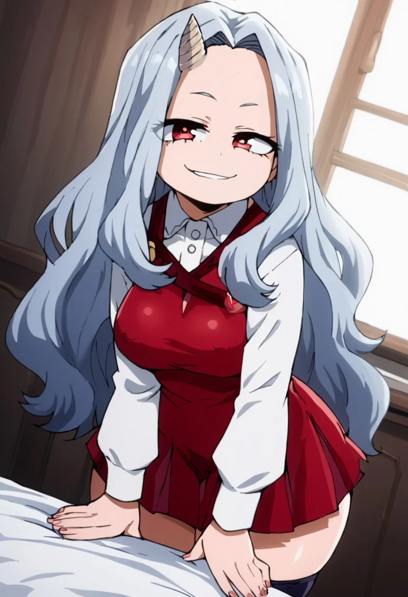 score_9, score_8_up, score_7_up,
1female, woman, solo, ((eri,1girl,solo,single horn,horns,long hair,grey hair,looking at viewers, shortstack,shirt, long sleeves, dress, white shirt, collared shirt, red dress, pleated dress)), (((lewd expression, smug smile))), black lace thighhighs, purple short dress, pearl necklace, name tag, hand on own hip,
standing, wide stance, wide hips, visible breath, (thick thighs), ((big butt, huge butt, hyper butt, bottom heavy)), (high-angle view, high angle), (((front view, breasts focussed))) ((looking up, looking at viewer, horny, half-closed eyes,))seductive pose, half closed eye, detailed background, inside, bedroom, bed, window, desk, (detailed background, interesting background), hyper thighs, hyper breasts, sagging breasts, huge nipples, nipples outline, covered nipples, hands on thighs, dutch angle