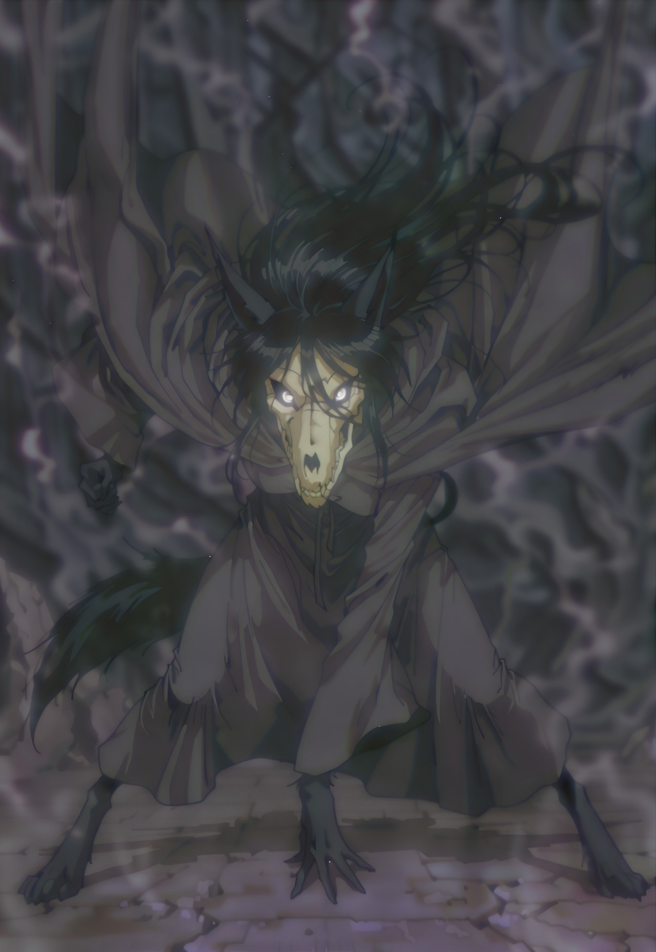 rolstyle, MaloSCP, anthro furry, furry female, body fur, black fur, head skull, white eyes, glowing eyes, black sclera, black hair, long hair, hair between eyes, animal ears, black tail, scp-1471, scp-1471-a, mal01471, black fur, canine skull, 1girl, solo, wizard, magic, robe, cloak, hood, fighting stance, dynamic pose, masterpiece, detailed, high quality, retro anime,