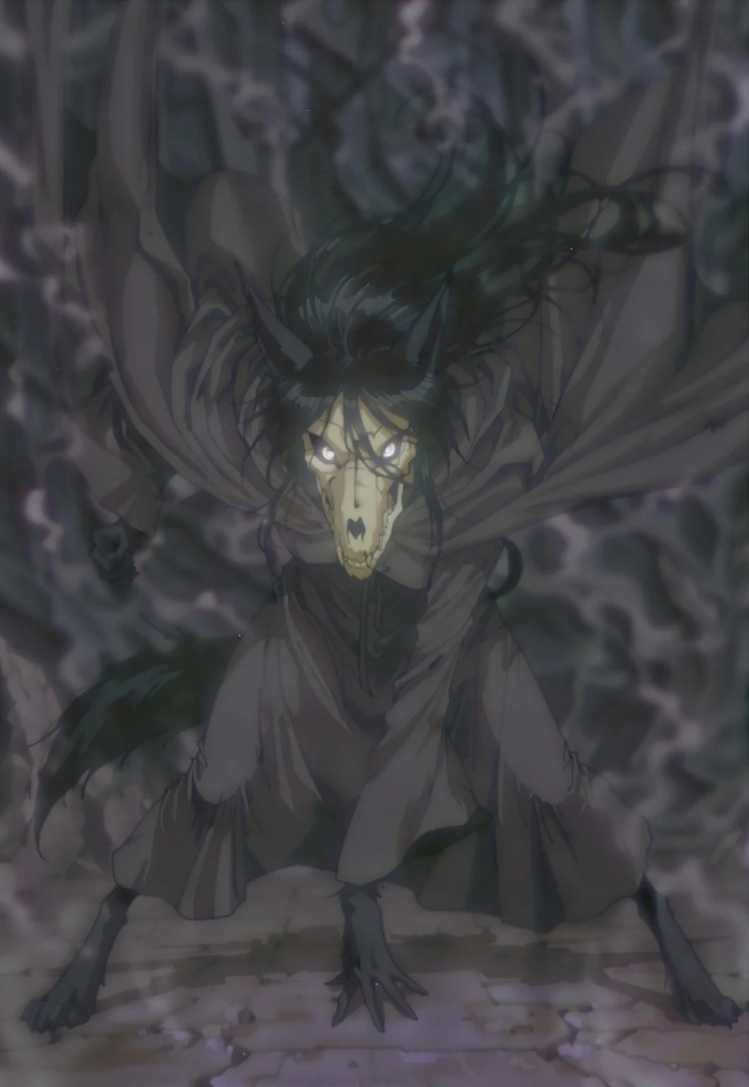 rolstyle, MaloSCP, anthro furry, furry female, body fur, black fur, head skull, white eyes, glowing eyes, black sclera, black hair, long hair, hair between eyes, animal ears, black tail, scp-1471, scp-1471-a, mal01471, black fur, canine skull, 1girl, solo, wizard, magic, robe, cloak, hood, fighting stance, dynamic pose, masterpiece, detailed, high quality, retro anime,