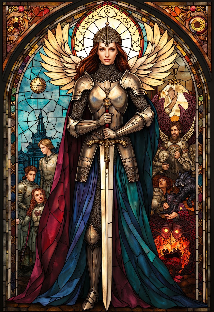 figure of a female knight facing the viewer, in Stained Glass armor leaning on the hilt of an upside-down sword in front of her, every panel of colorful glass shows a different fantastical scene of medieval battle and angelic figures and a menacing dragon breathing fire, the intricate outlines of each Stained Glass are ivory and gold, a delicate filigree tiara on her head