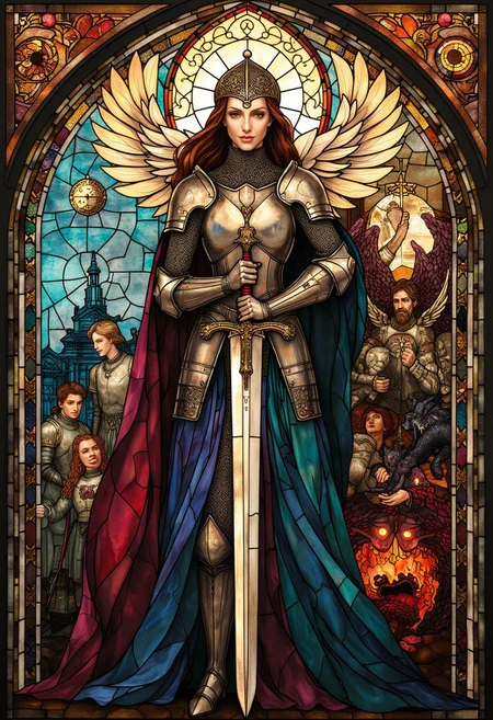 figure of a female knight facing the viewer, in Stained Glass armor leaning on the hilt of an upside-down sword in front of her, every panel of colorful glass shows a different fantastical scene of medieval battle and angelic figures and a menacing dragon breathing fire, the intricate outlines of each Stained Glass are ivory and gold, a delicate filigree tiara on her head