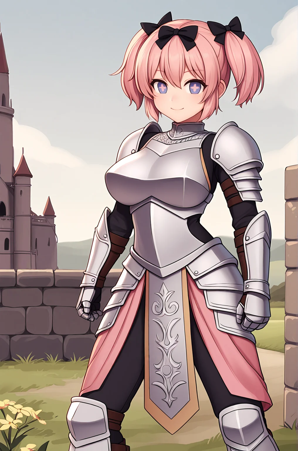 anime artwork, score_9, score_8_up, score_7_up, source_anime, BREAK, thick outline, fat outline,
Hibari_XL, purple eyes, cross-shaped pupils, pink short hair, short twintails, black hair bows, large breasts, BREAK, knight armor, metal armor, Gorget, Pauldrons, Breastplate, Vambraces, Cuisses, Greaves, Chainmail, Plackart, BREAK, outdoors, castle, hills,
<lora:Hibari_XL_r1:0.7>
<lora:PersonalAmi_PonyXL:1.0>