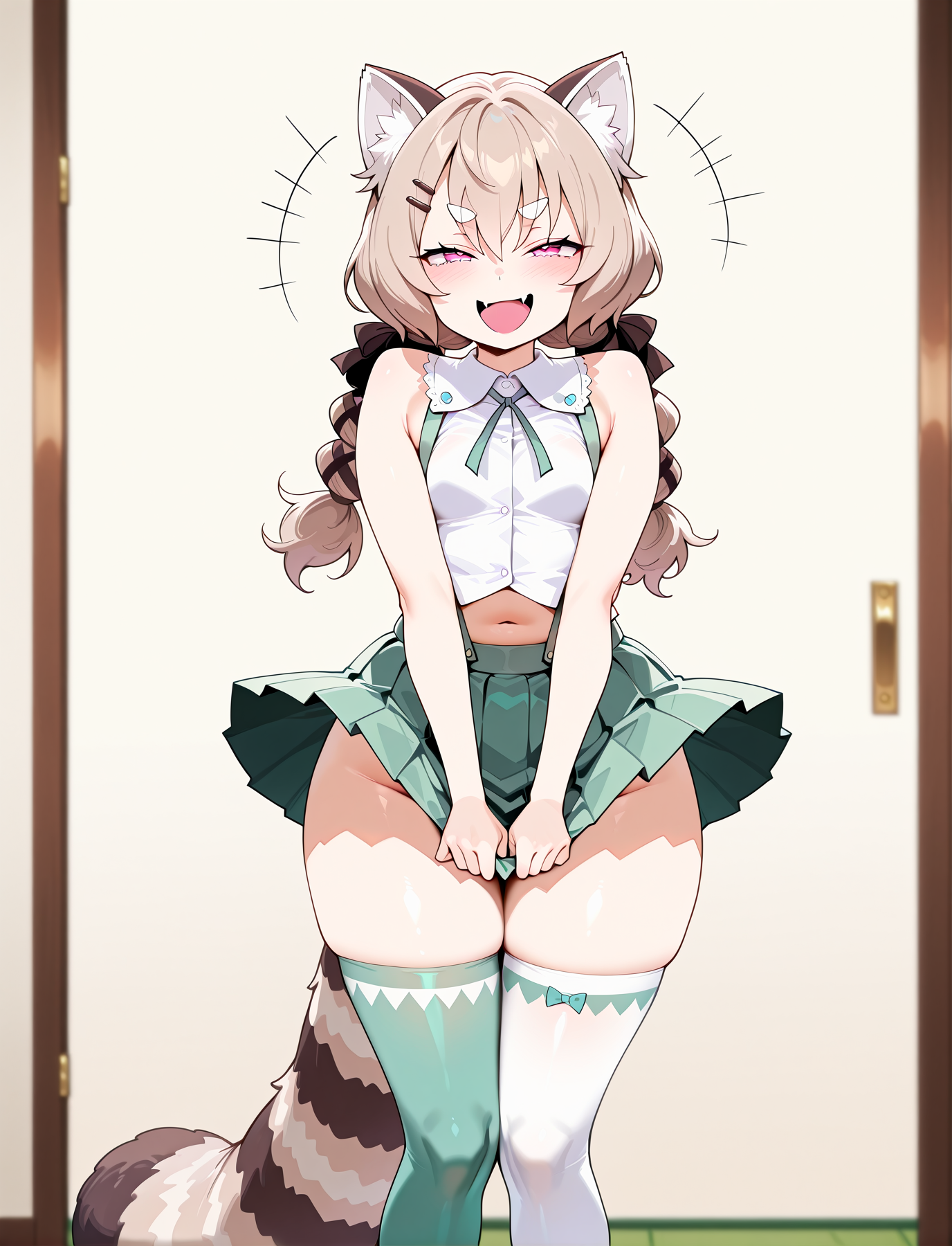 <lora:LECO-mature_female_XL(ill)v11:1> , <lora:Curvier:1>plump, thick thighs, thigh gap, wide hips, curvy,
 <lora:PankoPC:1> KomPanko, light brown hair, animal ears, braids, pink eyes, low twintails, bangs, red panda ears, raccoon tail, thick tail, thick white eyebrows, komachi panko, white sleeveless collared shirt, green ribbon, bows, midriff, navel, suspender skirt, green pleated miniskirt, zettai ryouiki, thighhighs, mismatched legwear, green thighhigh, white thighhigh, brown shoes, 
 <lora:skirt tug_noobai_V1.0:0.8> skirt tug, wind lift, looking at viewer, laughing,, masterpiece, best quality, amazing quality, very aesthetic, absurdres, newest, Smooth_Quality, (anime screencap:1.5), (anime coloring:1.5), cosplay,