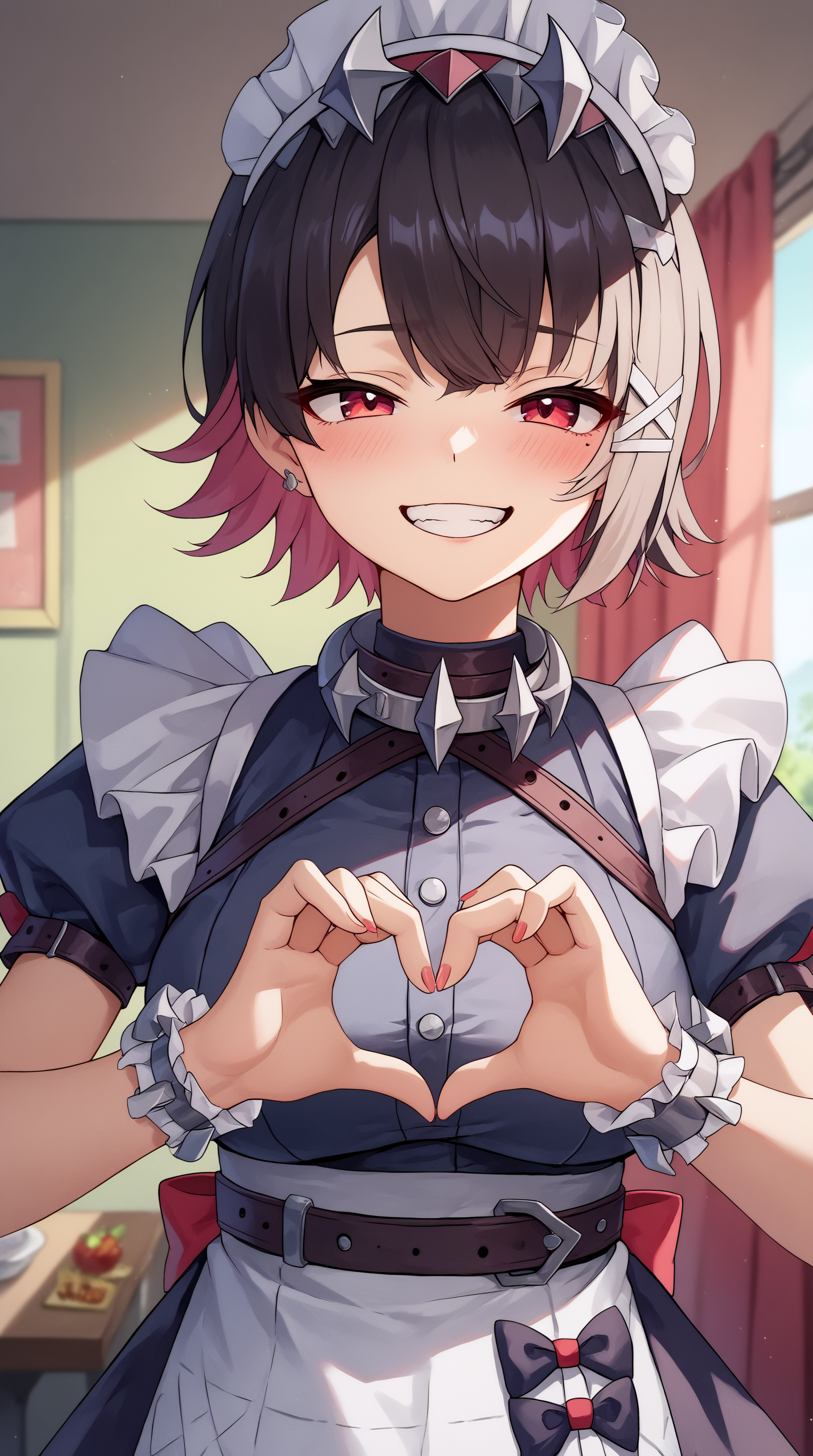 score_9, score_8_up, score_7_up, best background, detailed background, 4k, upscale, anime_source,  Ellen Joe, Main Outfit, blush, smile, blush, grin, heart, solo focus, heart hands, indoors,  <lora:JN_Ellen_Joe_Pony:0.8>