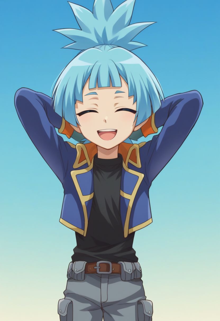 score_9, score_8_up, score_7_up, source_anime, highly detailed, 
sora, solo, 1boy, male focus, blue hair, blunt bangs,  jacket, ponytail, belt, spiked hair, shorts, open jacket, blue jacket, shirt, black shirt, long sleeves, upper body, hands behind head, smile, closed eyes, open mouth, happy,
outdoor, sky,