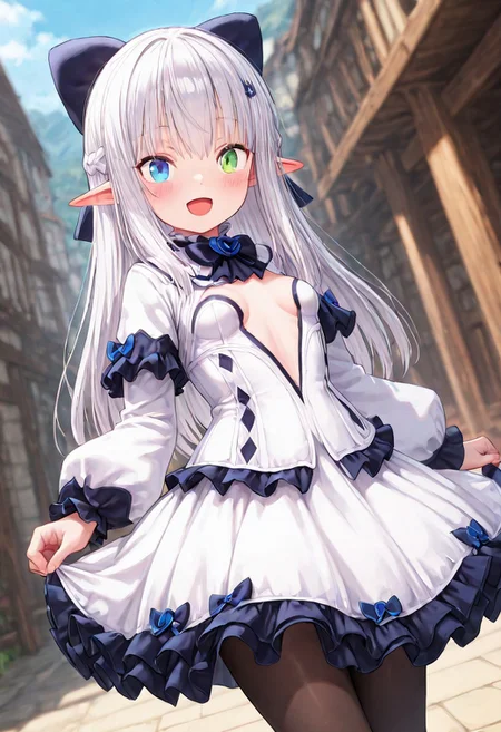 masterpiece, best quality, amazing quality, very aesthetic, high resolution, ultra-detailed, absurdres, newest, scenery,(depth of field:1.5),
(super fine illustration,professional quality,ultra high res), beautiful detailed eyes,
(high brightness),
break
sel_avatar,
elf ears,
white hair,
blue eyes, green eye, heterochromia,
long hair, sidelocks, braided hair rings,
black cat hairclip, hair bow, large bow,
impossible dress, frilled dress, puffy long sleeves, frilled sleeves, front slit, breasts apart,
frilled collar,
bowtie, bowtie flower,
pantyhose,
mary janes,
small breasts,
1girl,
blush, happy,
(dutch angle:1.2), (cowboy shot:1.2),
