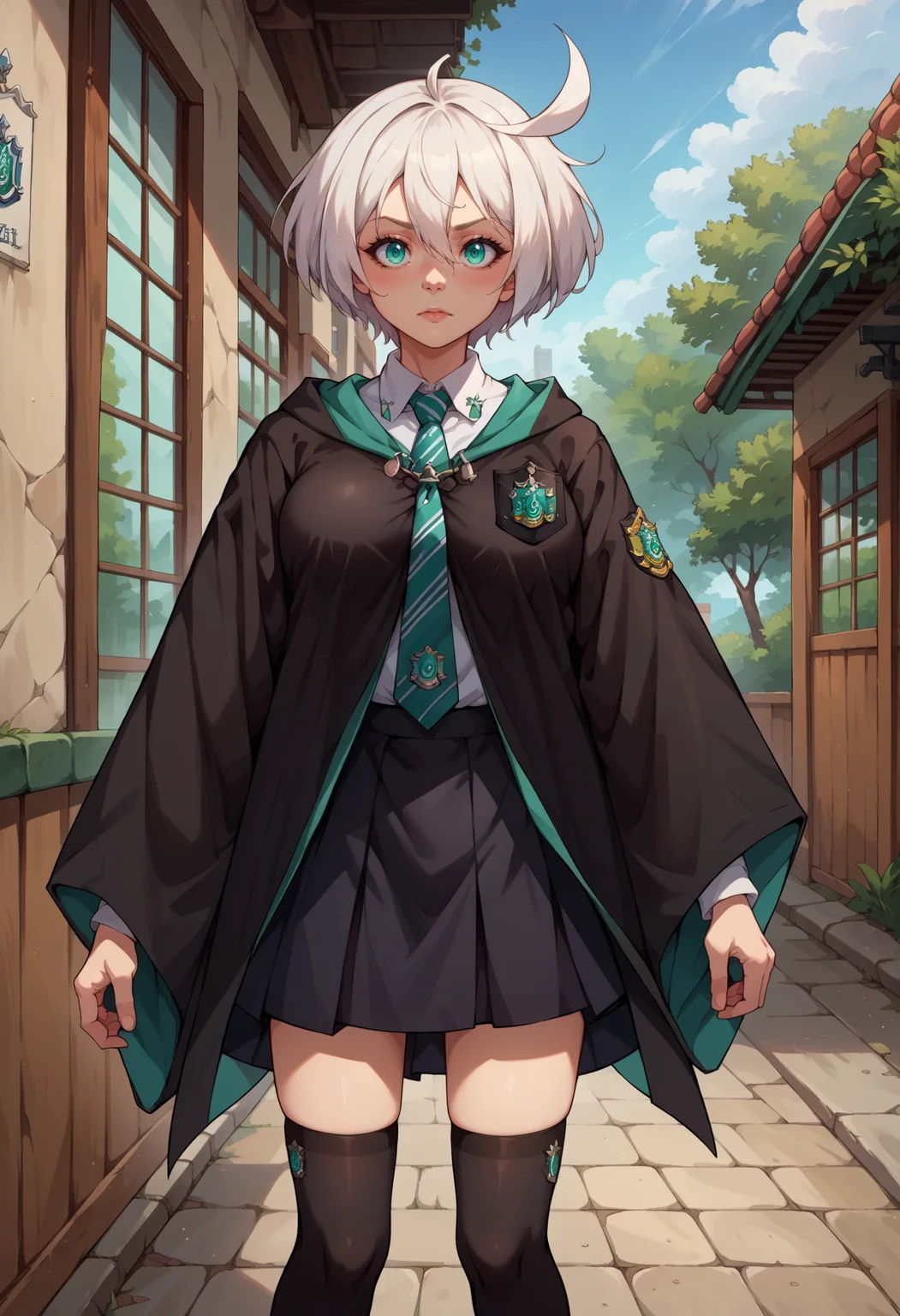 score_9, score_8_up,score_7_up, source_anime, 1girl, solo, <lora:EPggElphelt:0.75>, EPggElphelt, 1girl, aqua eyes, white hair, short hair, hair between eyes, ahoge, large breasts, <lora:EPRobeSlytherinPDXL:1>, EPRobeSlytherin, wearing EPRobeSlytherin, black robe, hood down, wide sleeves, green necktie, diagonal-striped necktie, white shirt, collared shirt, badge, black skirt, black legwear, kneehighs, standing, outdoors,