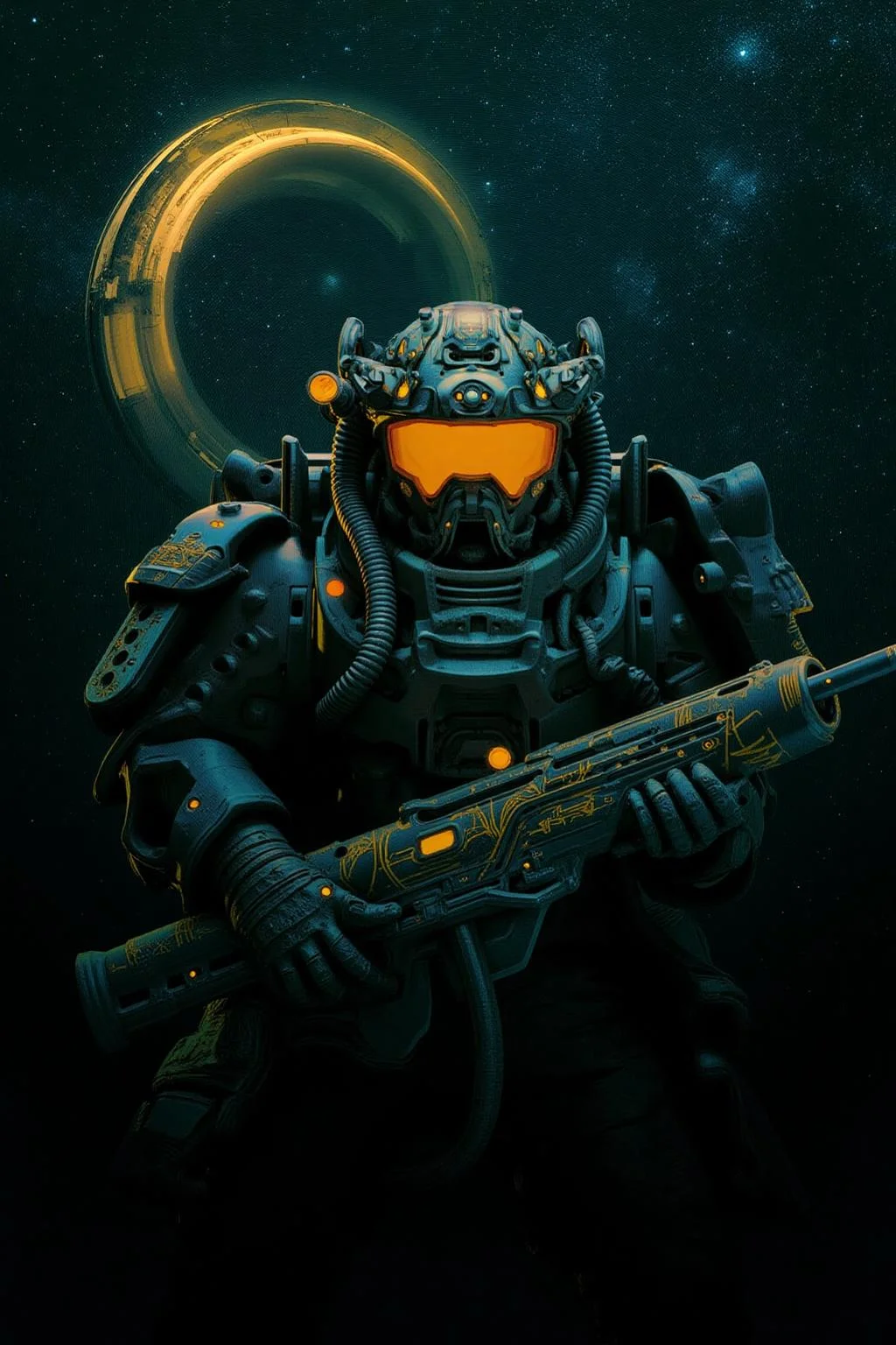 pascalblanche1 illustration.
juangimenez1. A man in a sleek black helmet with a high-tech visor holds an elaborately decorated gun. The figure's helmet has intricate designs and a metallic appearance. In the background, a star-filled space features a large circular structure with a glowing edge.  <lora:pascalblanche1_cap_d8a4:1.0><lora:860271737298774596:0>