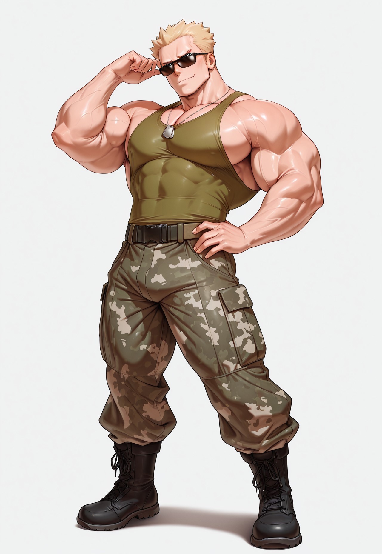 masterpiece,best quality, newest, highres,r0kud3n4shi,,,masterpiece,LtSurge,square face,(muscular male:2), big pecs, wide torso, big biceps,blond short hair, sunglasses, dog tags, green tank top, camo pants, belt, combat boots, blue eyes,