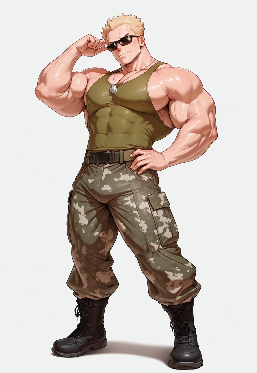 masterpiece,best quality, newest, highres,r0kud3n4shi,,,masterpiece,LtSurge,square face,(muscular male:2), big pecs, wide torso, big biceps,blond short hair, sunglasses, dog tags, green tank top, camo pants, belt, combat boots, blue eyes,