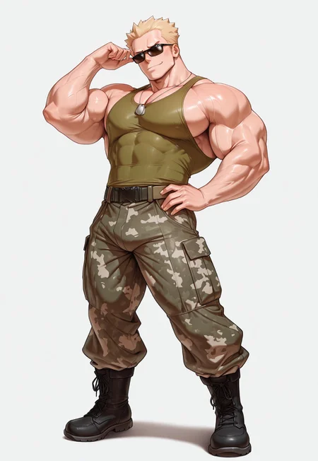 masterpiece,best quality, newest, highres,r0kud3n4shi,,,masterpiece,LtSurge,square face,(muscular male:2), big pecs, wide torso, big biceps,blond short hair, sunglasses, dog tags, green tank top, camo pants, belt, combat boots, blue eyes,