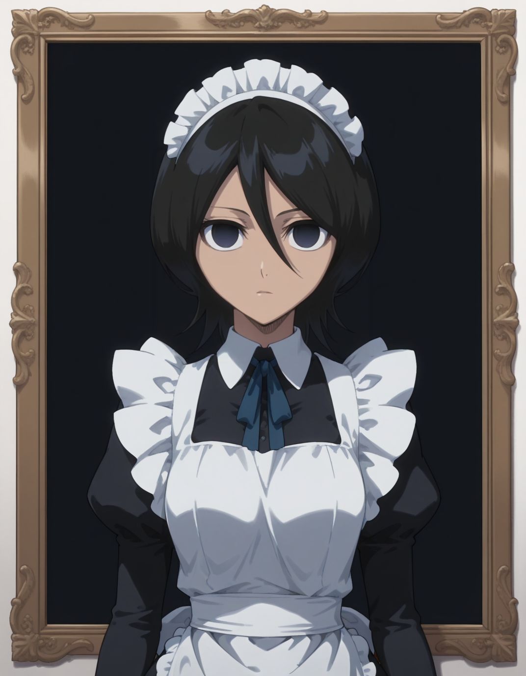 masterpiece, best quality,  <lora:Mind_Controlled_Rukia:1>, 4ukia, short hair, black hair, dark blue eyes, empty eyes, (maid:1.2), upper body, arms at sides,