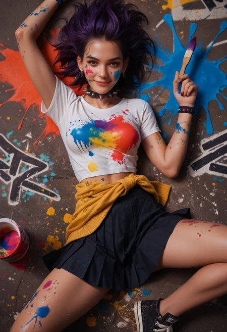 safe_pos, score_9_up, score_8_up, score_7_up, score_6_up, 1girl, 25 years old, perfect face, (adult), sexy,
detailed face, portrait, face focus, depth of field, looking at viewer, blush, shy smile,
dark purple hair, spiked hair, ear piercing, spiked collar,
paint splatter on face,
white t-shirt, wristband,
yellow sweater around waist,
black skirt, pleated skirt, button badge,
bodypaint, paint on body,
paint splatter, brush stroke, inkblot, paint stains, graffiti, colorful,
seductive smile, come hither, naughty face,