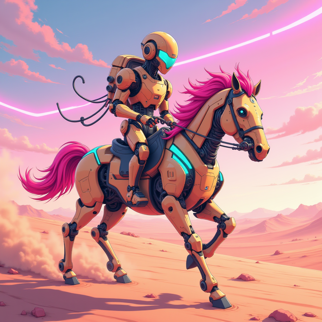 anime artwork line art drawing professional 3d model <lora:DreamwovenTales:0.8> <lora:ck-nc-pastel-cyberpunk:0.8> A digital artwork in the style of cknc,A stylized robot, appearing young adult, is astride a mechanical horse, running across a desert landscape. The robot has a light golden-tan metallic body with teal accents and glowing blue eyes. Its helmet is sleek and futuristic. The horse, similarly colored, has articulated legs and a mane of vibrant pink hair.  Both robot and horse are rendered in a vibrant, dynamic style, using a variety of bright-neon colors, including shades of pink, magenta, orange, and teal, against a backdrop of stylized sunset colors.  Neon streaks of pink and purple crisscross the sky. The ground is a sandy, muted orange-brown, with hints of light pink elements. The robot is positioned somewhat centered in the image, while the horse fills the majority of the lower right and middle portion of the image, with the robot positioned on the upper part. The robot and horse are in motion, with the horse's legs in a forward-running posture, giving a sense of speed and energy to the scene. The perspective is a dynamic view from slightly above the scene, emphasizing the movement and the desert setting.  The style is futuristic, stylized, and vibrant, with a sense of fantasy and optimism as the light and colors give a lively or even dynamic aspect. . octane render, highly detailed, volumetric, dramatic lighting . professional, sleek, modern, minimalist, graphic, line art, vector graphics . anime style, key visual, vibrant, studio anime,  highly detailed
