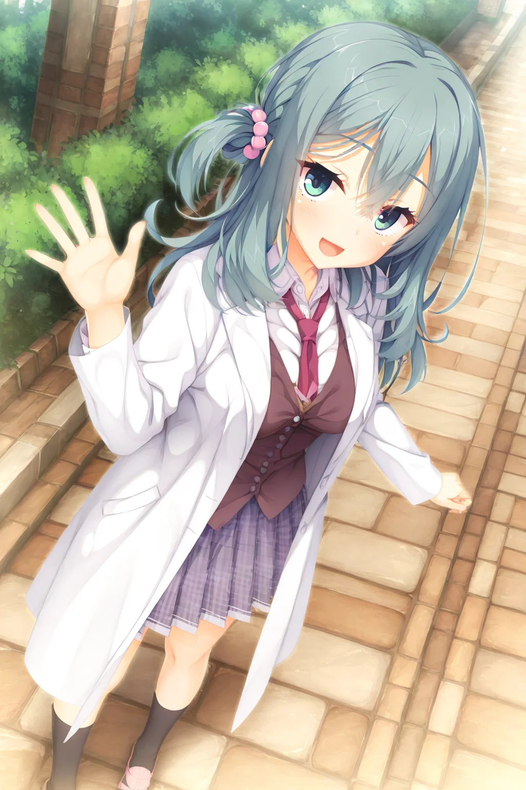 masterpiece,best quality,good quality,rating safe,, <lora:Shikibe_Mayuv1-ill_narcissu:1>, 1girl,solo,shikibe mayu, riddle joker, hair beads, long hair, pink scrunchie, hair between eyes, hair ornament, aqua hair, wavy hair, one side up, aqua eyes, double-parted bangs, school uniform, plaid skirt, pleated skirt, frills, white shirt, brown vest, grey skirt, long sleeves, black socks, pink footwear,standing,smile,looking at viewer,waving hand,open mouth,outdoor, lab coat