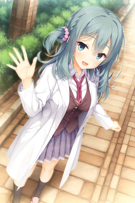 masterpiece,best quality,good quality,rating safe,, <lora:Shikibe_Mayuv1-ill_narcissu:1>, 1girl,solo,shikibe mayu, riddle joker, hair beads, long hair, pink scrunchie, hair between eyes, hair ornament, aqua hair, wavy hair, one side up, aqua eyes, double-parted bangs, school uniform, plaid skirt, pleated skirt, frills, white shirt, brown vest, grey skirt, long sleeves, black socks, pink footwear,standing,smile,looking at viewer,waving hand,open mouth,outdoor, lab coat