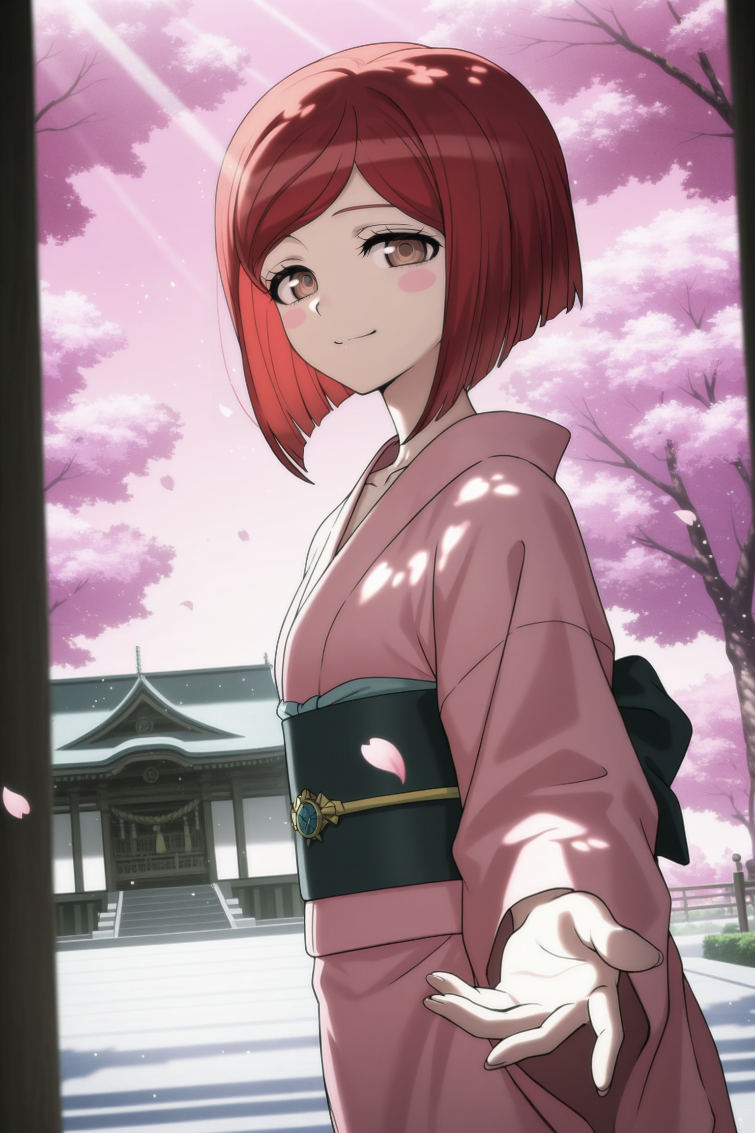 anime screencap, masterpiece, best quality, amazing quality, very aesthetic, absurdres,  newest, (scenery, volumetric lighting),
yumeno himiko, short hair, bangs, brown eyes, pale skin, red hair, blush stickers, bob cut,
pink kimono, obi, cowboy shot, dutch angle, outdoors, temple, day, pink sky, falling petals, cherry blossoms, dappled sunlight, light rays, light particles, collarbone, smile, looking at viewer, from side, outstretched hand, 
 <lora:HimikoYumeno_IL:0.8>