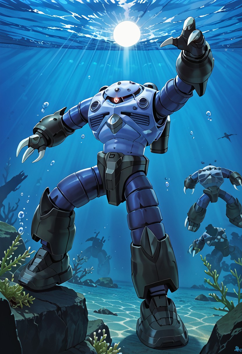 score_9, score_8_up, score_7_up, source_anime, side view, BREAK, ( zgok, monoeye not visible, one arm raised, ballast tanks on back, silhouette, ) 1mech, mech focus, solo, BREAK, underwater, avoiding danger, nuclear explosion, extreme lighting, bubbles,