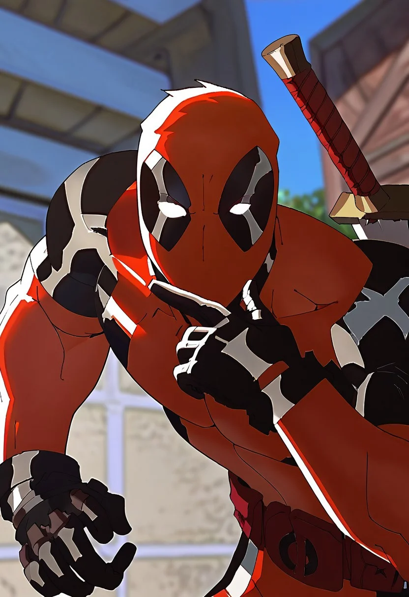 score_9, score_8_up, score_7_up,1 male,upper body, close up, pointing at viewer
, masterpiece, beautiful,solo, 1male, Ultideadpool,wearing a red mask, covering face, red-and-black tactical suit, skintight, black padding on shoulders,black gloves,muscular build, red mask, black and white eye patches on mask, standing, battle pose, outdoor,