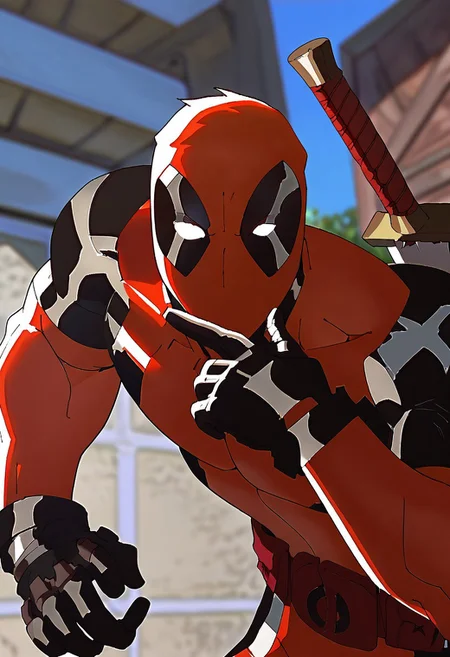 score_9, score_8_up, score_7_up,1 male,upper body, close up, pointing at viewer
, masterpiece, beautiful,solo, 1male, Ultideadpool,wearing a red mask, covering face, red-and-black tactical suit, skintight, black padding on shoulders,black gloves,muscular build, red mask, black and white eye patches on mask, standing, battle pose, outdoor,