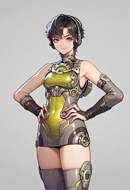 score_9, score_8_up, score_7_up, source_anime, 2d, 1girl, solo, lun4, blue eyes, black hair, short hair, headphones, dress, neon trim, elbow gloves, grey thighhighs, looking at viewer, smile, hands on hips, cowboy shot, simple background