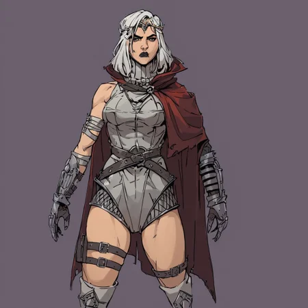 score_9, score_8_up, score_8_up, absurd res, 8k scale textures, nsfw, beautiful scene, artistically shaded and colored, a drow girl in a castle, highly detailed, g0thicPXL,silver gambeson leotard, gauntlets, skulls, toned body, circlet, belt, thigh band, dark fantasy, busty, spot color, angry face, ink texture, white hair, dark, black lips, face guard, cape, dark shadows, close up, detailed background