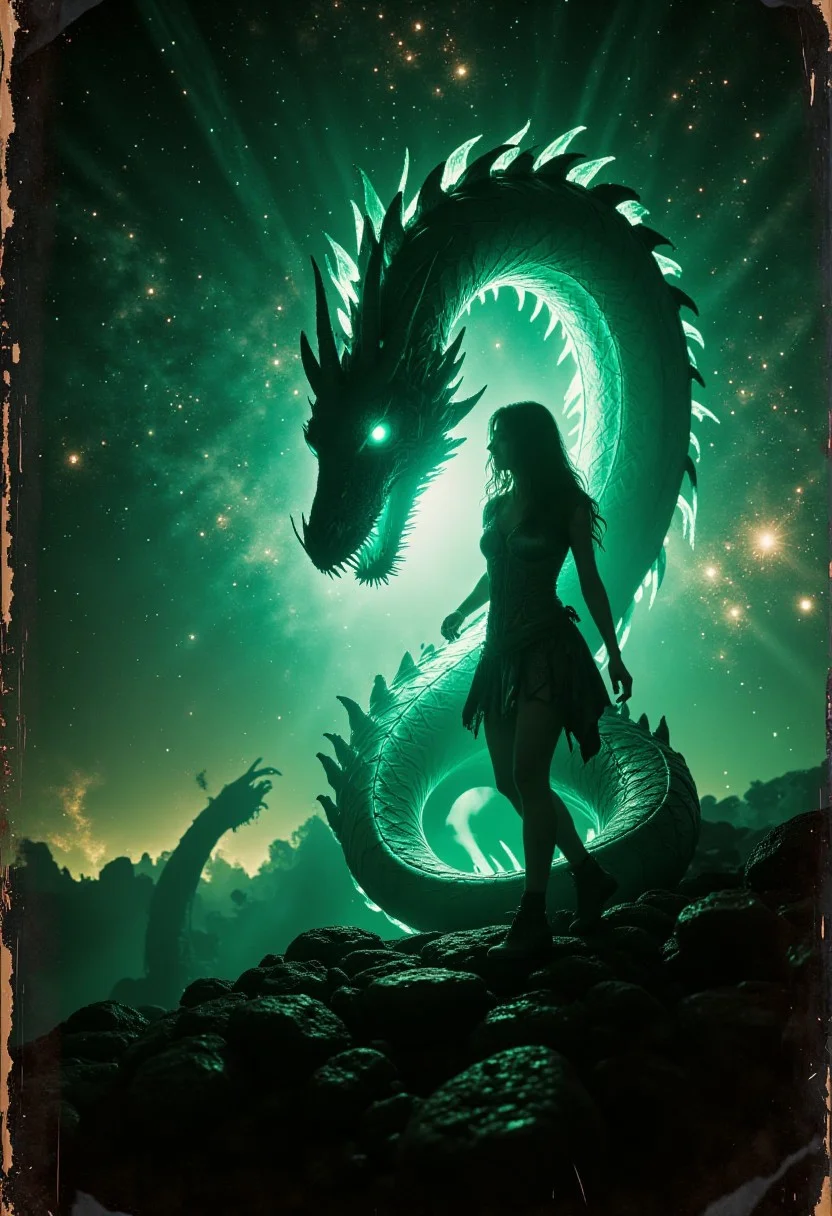 Bosstyle, Silhouette of a Woman fighting a colossal luminous dragon: This vintage photograph captures a moment of epic struggle. Dominating the scene is a translucent dark-green dragon adorned with luminescent scales, blending seamlessly with its surroundings. Its wings, composed of intricately woven energy threads, shimmer in a spectrum of colors. Amidst the night, its presence exudes a sense of mythical power. Behind it, the swirling hues of a distant galaxy provide a mesmerizing backdrop, weaving tales of cosmic battles and celestial legends. Atmospheric haze, Film grain, cinematic film still, shallow depth of field, highly detailed, high budget, cinemascope, moody, epic, OverallDetail, 2000s vintage RAW photo, photorealistic, candid camera, color graded cinematic, eye catchlights, atmospheric lighting, imperfections, natural, shallow dof
detailmaximizer,gaming, magic bronze frame merging into image,