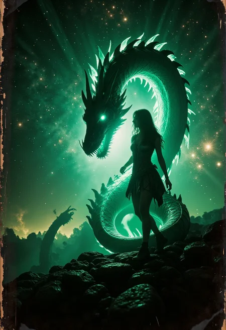 Bosstyle, Silhouette of a Woman fighting a colossal luminous dragon: This vintage photograph captures a moment of epic struggle. Dominating the scene is a translucent dark-green dragon adorned with luminescent scales, blending seamlessly with its surroundings. Its wings, composed of intricately woven energy threads, shimmer in a spectrum of colors. Amidst the night, its presence exudes a sense of mythical power. Behind it, the swirling hues of a distant galaxy provide a mesmerizing backdrop, weaving tales of cosmic battles and celestial legends. Atmospheric haze, Film grain, cinematic film still, shallow depth of field, highly detailed, high budget, cinemascope, moody, epic, OverallDetail, 2000s vintage RAW photo, photorealistic, candid camera, color graded cinematic, eye catchlights, atmospheric lighting, imperfections, natural, shallow dof
detailmaximizer,gaming, magic bronze frame merging into image,