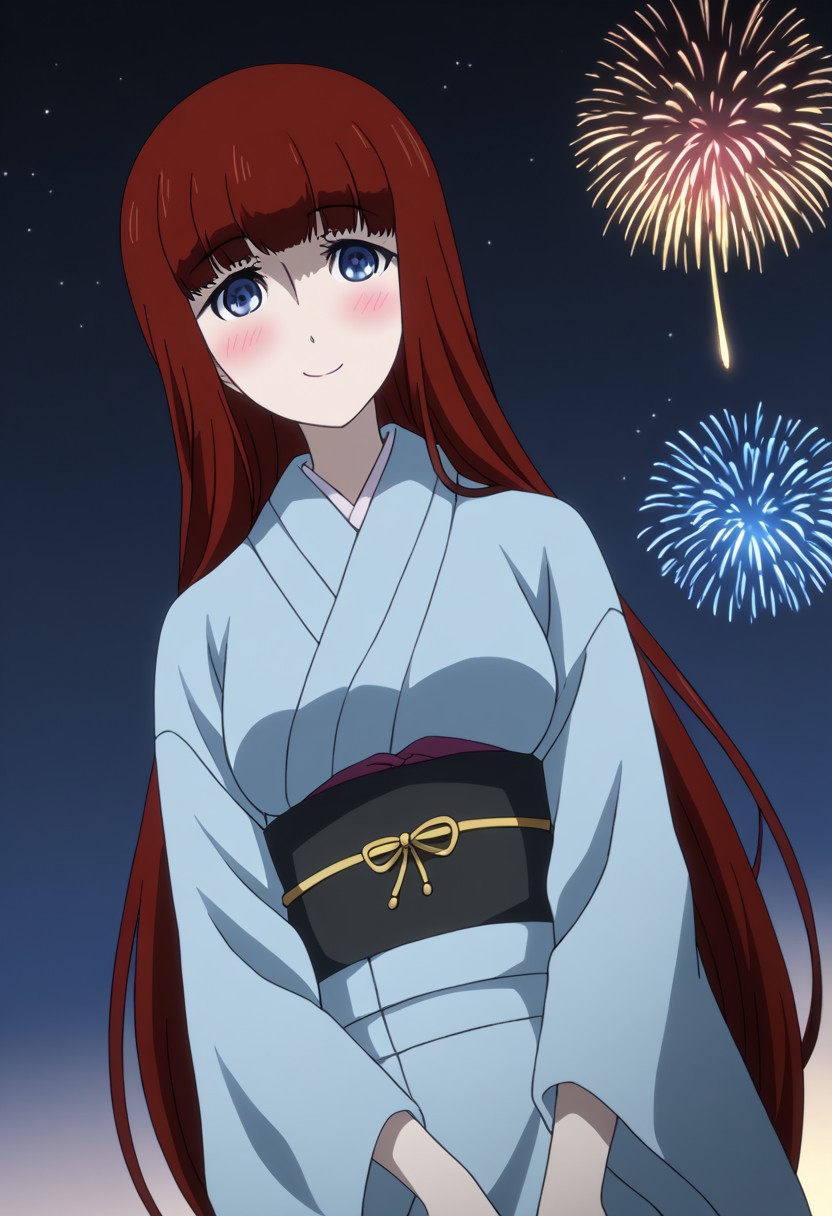 rating_safe, Ultra-high-detailed Anime illustration of Kagari Shiina from Anime Steins;Gate 0. 
The artwork features Kagari in a solo, full body, standing position with a outdoors, flield, and night background. night time. night. stars.
She is depicted with intricate details showcasing her large breasts, natural_breasts. She is a white skinned, 22 years old woman. Kagari is looking_at_viewer with perfect_eyes, Her pupils are highly detailed. The eyes are open. blue eyes. Kagari's eyes are highlighted. Highlighted eyevrows. 
She has long hair, red colored hair, styled in blunt bangs and floating hair.
She is wearing a blue kimono and black shoes. japanese kimono, kimono.
The artistic style is intricate_details_xl with a focus on Anime art. The color palette emphasizes red and black with detailed strokes to bring out the character's features. The lighting creates dramatic shadows and highlights, adding depth to the artwork. The perspective is from a face focus, dutch angle to enhance the impact of the character's expression. This masterpiece is a true portrayal of Kagari's complex personality and will captivate any fan of Kagari. uncensored, upper body, blushing, smile, Kagari Shiina,
perfecteyes,
<lora:Steins_Gate:1>
kimono
happy new year!, Happy New Year fireworks, Happy New Years, golden colored fireworks