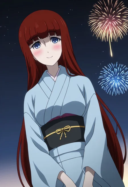 rating_safe, Ultra-high-detailed Anime illustration of Kagari Shiina from Anime Steins;Gate 0.
The artwork features Kagari in a solo, full body, standing position with a outdoors, flield, and night background. night time. night. stars.
She is depicted with intricate details showcasing her large breasts, natural_breasts. She is a white skinned, 22 years old woman. Kagari is looking_at_viewer with perfect_eyes, Her pupils are highly detailed. The eyes are open. blue eyes. Kagari's eyes are highlighted. Highlighted eyevrows.
She has long hair, red colored hair, styled in blunt bangs and floating hair.
She is wearing a blue kimono and black shoes. japanese kimono, kimono.
The artistic style is intricate_details_xl with a focus on Anime art. The color palette emphasizes red and black with detailed strokes to bring out the character's features. The lighting creates dramatic shadows and highlights, adding depth to the artwork. The perspective is from a face focus, dutch angle to enhance the impact of the character's expression. This masterpiece is a true portrayal of Kagari's complex personality and will captivate any fan of Kagari. uncensored, upper body, blushing, smile, Kagari Shiina,
perfecteyes,
<lora:Steins_Gate:1>
kimono
happy new year!, Happy New Year fireworks, Happy New Years, golden colored fireworks