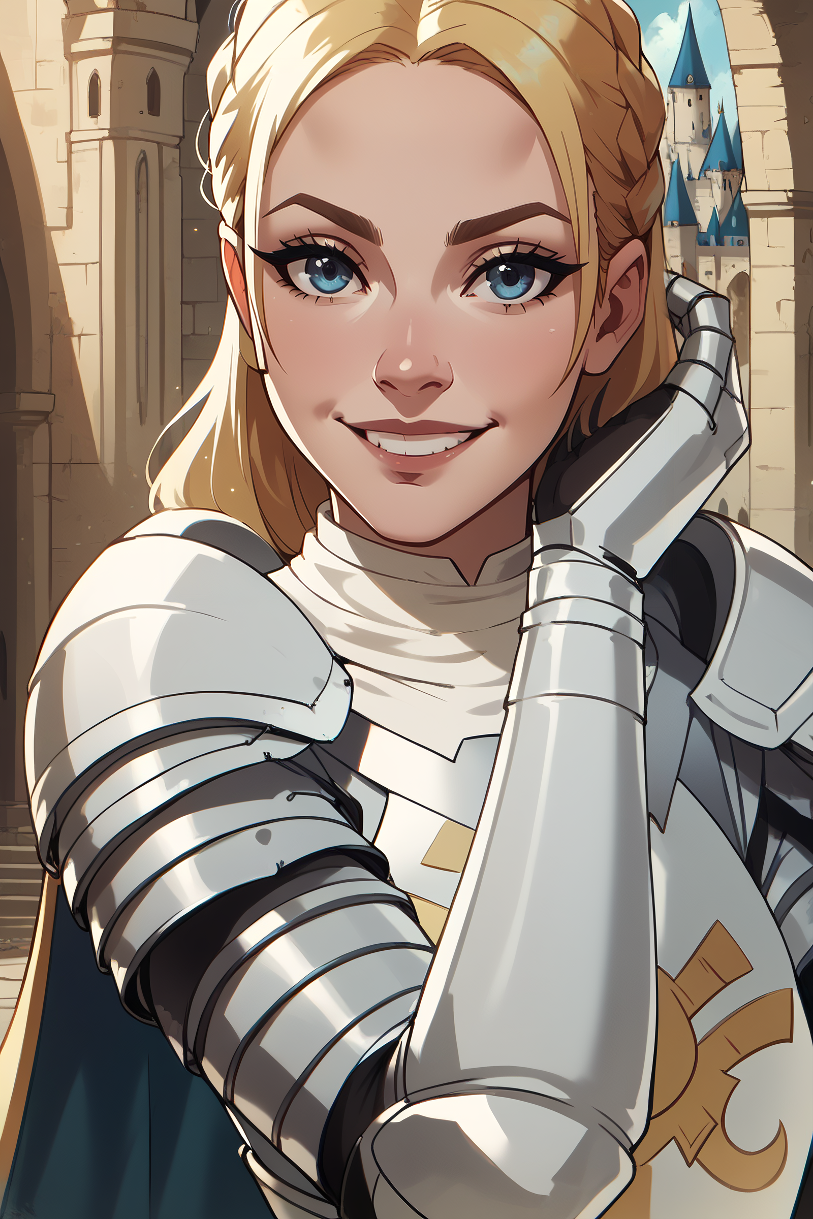 score_9, score_8_up, score_7_up, score_6_up  <lora:alistair:0.8> alistair, armor, pauldrons, capelet, gauntlets, breastplate, portrait, castle, looking at viewer, smile