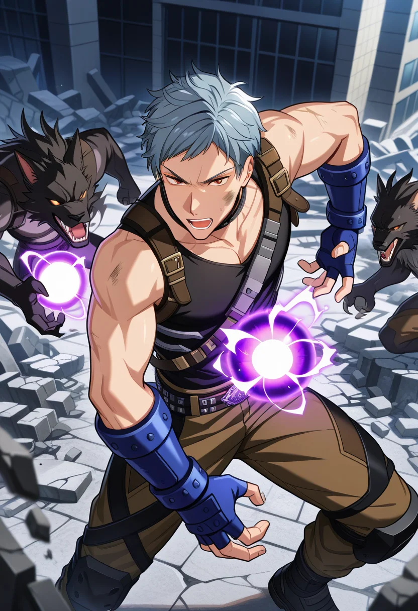 4boys, male focus, solo focus,
<lora:Character - Helios Rising Heroes - Asch AlbrightIllust:1> aschalbright, blue hair, orange eyes, muscular male,
. zPDXL, best quality, great aesthetic, absurdres, year2023, uncensored, score_9,
outdoor, black tank top, fingerless gloves, blue gloves, belt, brown pants, fighting stance, rubble, surrounded by monster, purple energy ball, dirty face,