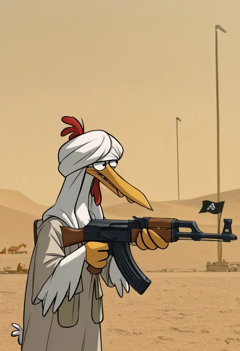 Masterpiece, absurdres, best quality, solo, ch1ken, creature, chicken, long beak, cartoon, turban, taliban clothes, chicken legs, feathered arms, aiming, ak-47, assault rifle, military base background, desert background, detailed background, ISIS flag in background, Black flag with white writing in background,