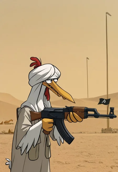 Masterpiece, absurdres, best quality, solo, ch1ken, creature, chicken, long beak, cartoon, turban, taliban clothes, chicken legs, feathered arms, aiming, ak-47, assault rifle, military base background, desert background, detailed background, ISIS flag in background, Black flag with white writing in background,