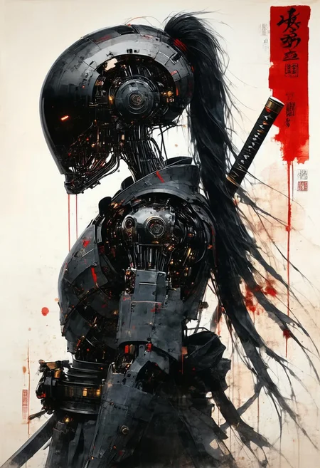 traditional japanese art style, ink on paper, wabi-sabi, henna and carmine, sepia, BREAK, cyberpunk robot samurai woman, robot face with mirrored face shield, hyperdetailed helmet, flowing black hair, reflective black and red armor, robot joints, body made of metals, cables and wires, a katana strapped to her back