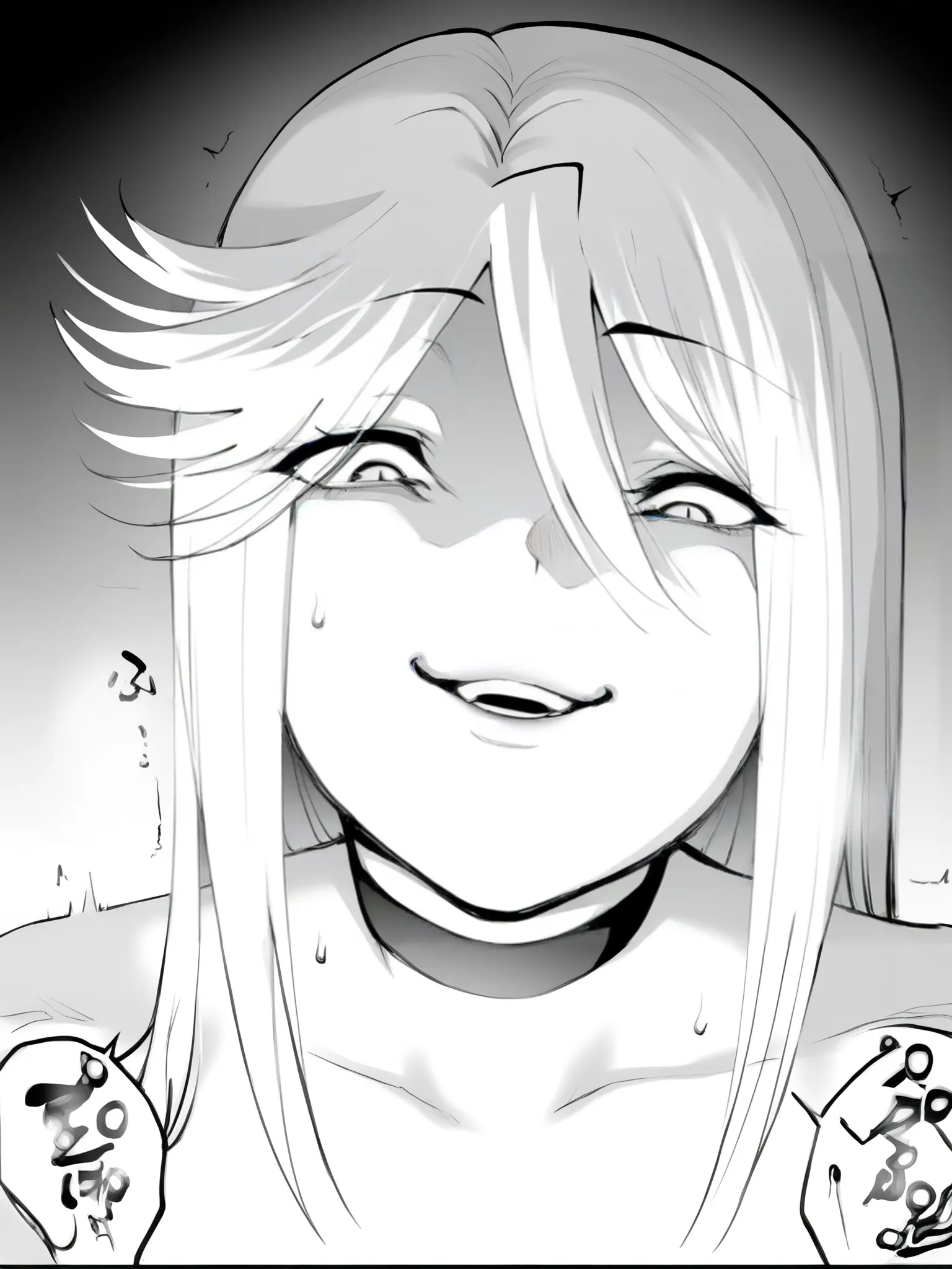 masterpiece, best quality,amazing quality, solo female, solo focus,
 <lora:パラダイスヘル_Manga_Character_Illustrious:1>,mangafemale1, monochrome, greyscale, hair between eyes, long hair, choker, swept bangs, evil smile, 1girl, looking at viewer, male pov, vaginal sex, sex,