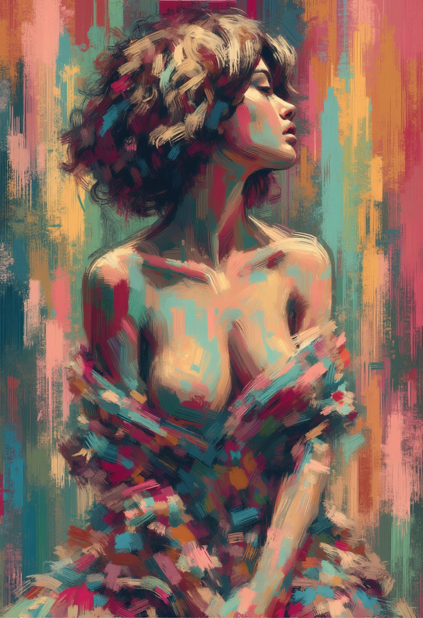 A digital impressionist painting with bold brush strokes about the side silhouette of a naked woman with large breasts and nipples and shorter hair over a colorful background.