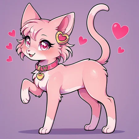 hart catgirl, feral, cat, feral, hearts, pink fur, feral, cat ears, cat tail, feral, feral, pink fur, paws, collar, pink fur, feral, pink eyes, heart pupils, heart collar, hearts, cat tail, feral, feral, pink fur <lora:hart_catgirl_05_resized:0.518>