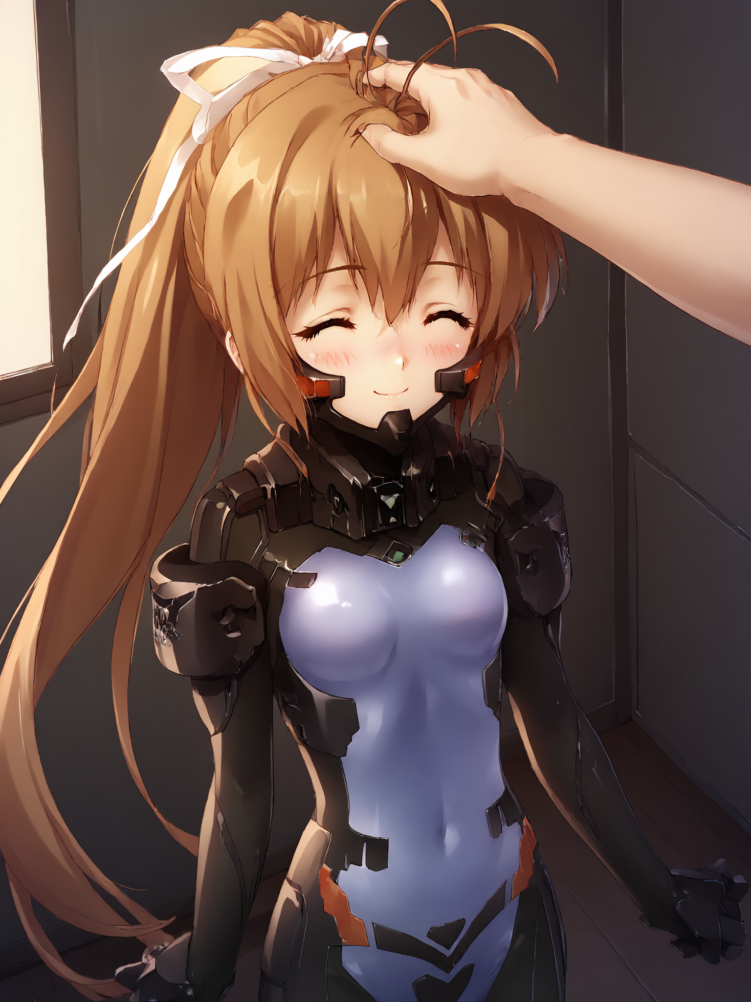 score_9, score_8_up, score_7_up, zPDXL, zPDXLpg, <lora:offset_0.2:0.1>, <lora:spo_sdxl_10ep_4k-data_lora_webui:1>,
1girl, solo,
schwarzesmarkenfortifiedsuit, pilot suit, impossible bodysuit, <lora:East_German_Fortified_Suit:1>,
katia waldheim, brown hair, hair between eyes, sidelocks, high ponytail, hair bow, hair ribbon, white ribbon, antenna hair, very long hair, brown eyes, small breasts,
from above, indoors, smile, blush, closed eyes, facing viewer,
upper body, headpat, <lora:Headpat_XLPD:1>, 1boy, pov hands, clothed female nude male
