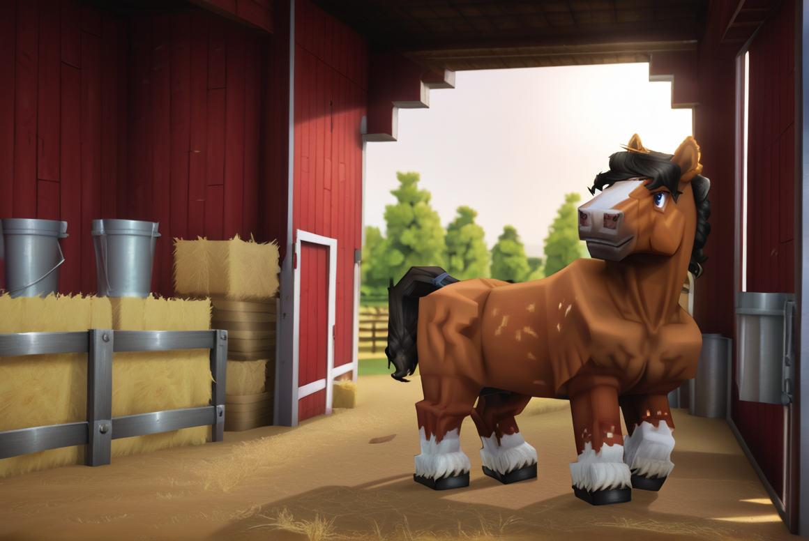 score_9, score_8_up, score_8,   <lora:Hytale_Style_for_PonyXL:1>  hyt4l3styl3, horse, farm,