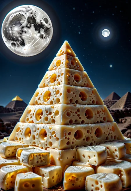 lazypos, Cheese style, (moon made of white cheese,:1.5) glowing, illuminating, night sky, (below moon gold pyramid made of cheese:1.5),