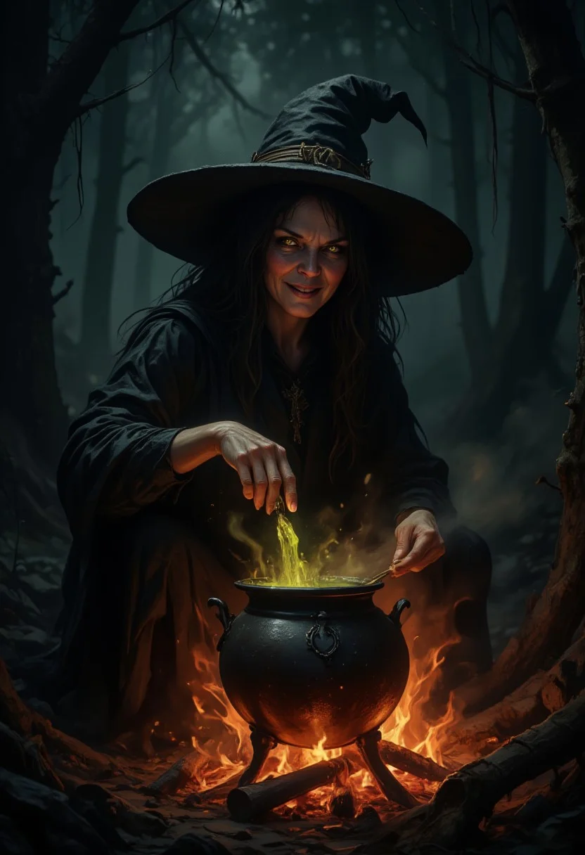 horror show, monster, nightmare, fear, Cinematic style, Beauty,
realistic portrait of old woman, witch, long black hair, witch hat, yellow eyes, pale face, black vests, brewing potion in cauldron over raging fire, evil smile, in dark forest