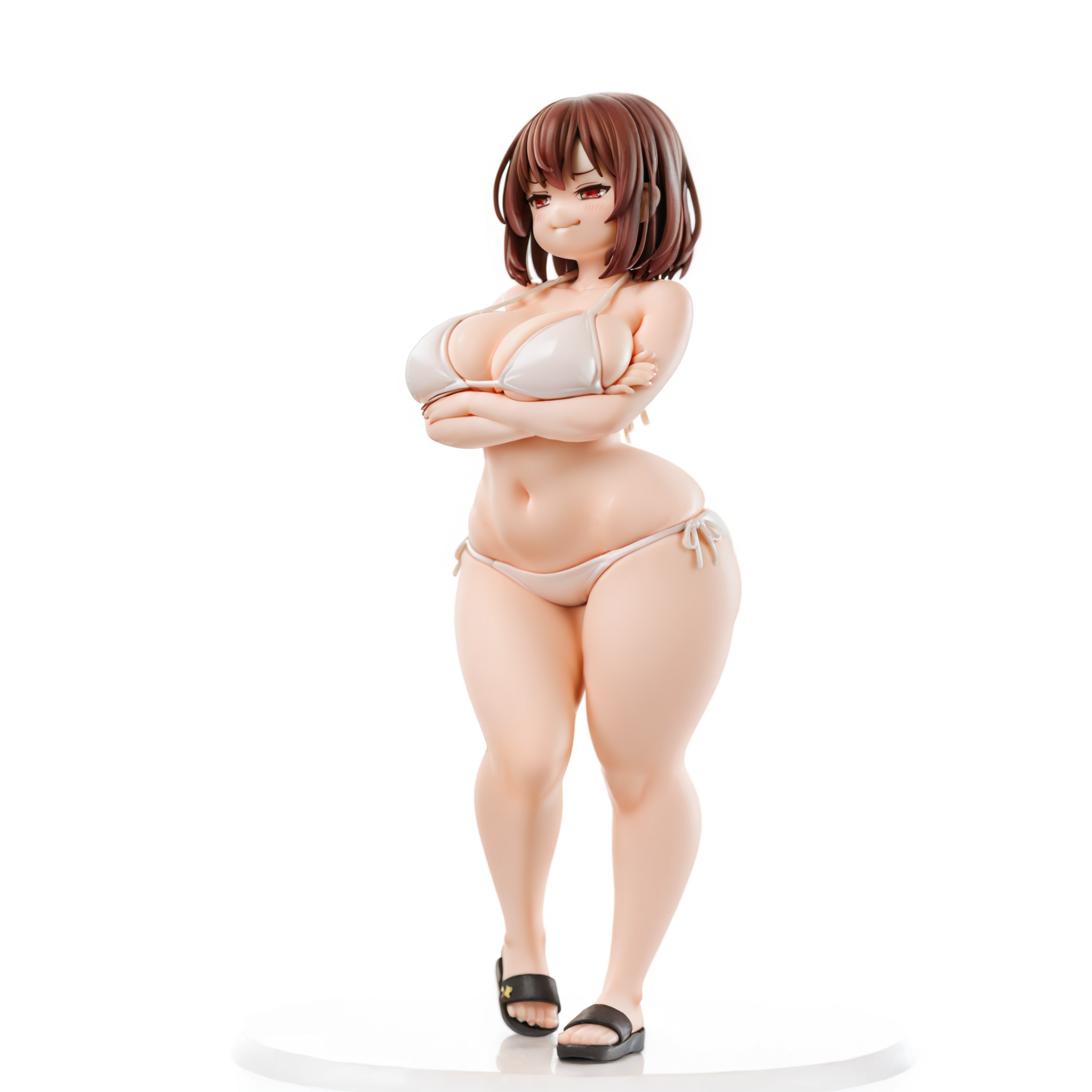 (masterpiece), best quality, (highly detailed), 1female, solo, <lora:Ichika_style_Illustrious:0.8>, white background, big breasts, white bikini, brown hair, red eyes, arms crossed, smug, wide hips, full body, base,