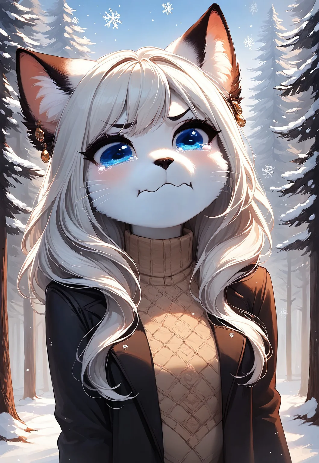 safe_pos, masterpiece, score_9_up, score_8_up, score_7_up, score_6_up, source_furry, (best quality:1.1), ultra-detailed, high resolution, solo, highly detailed macro illustration, 1girl, Nikita, anthro, cat, feline, female, white fur, long white hair, (beautiful detailed blue eyes), long eyelashes, black eyebrows, black animal nose, whiskers, fluffy ears, fluff in ears, black ear tips, breasts, cute, aquacrying, wavy mouth, closed mouth, tearing, cry, black coat, beige sweater, amber earrings BREAK Outdoors, forest in the background, winter, snow, falling snowflakes BREAK Highly Visible, sharp focus, perfect lighting, anatomically correct, extremely detailed, high detail, Expressiveh, detailed background, zPDXL3